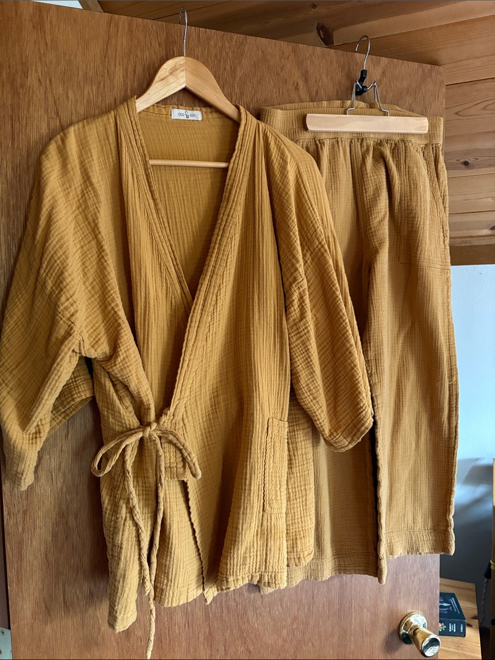 OddBird Co. Mustard Double Gauze Linen Set | Kimono Wrap Top + Pants | Med/Large